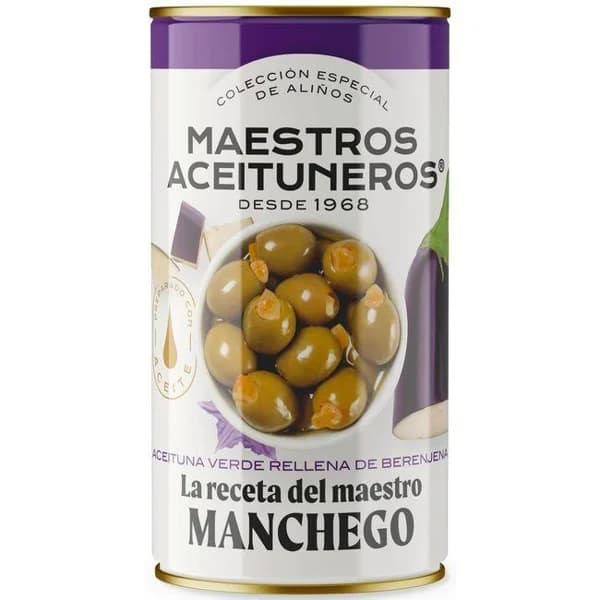 Aceituna verde rellena de berenjena M.ACEITUNEROS, lata 150 g - 0.15 kg - Imagen del producto en Findit