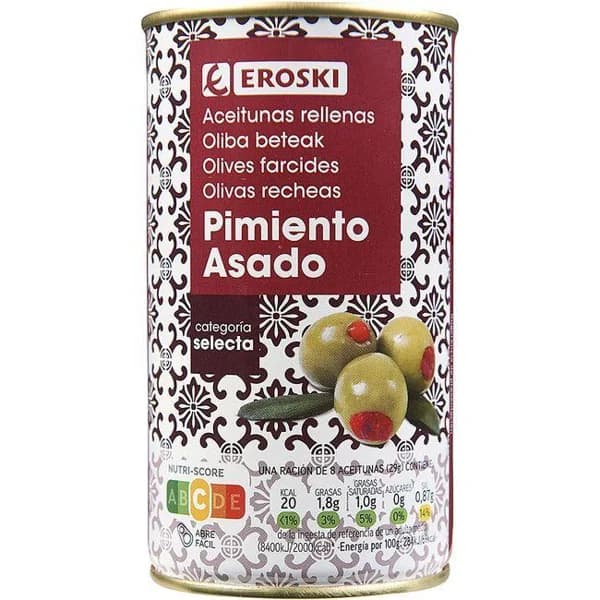 Aceitunas rellenas de pimiento EROSKI, lata 150 g - 0.15 kg - Imagen del producto en Findit