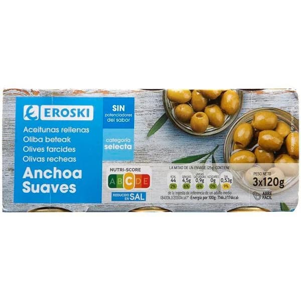 Aceituna rellena suave EROSKI, pack 3x50 g - 0.15 kg - Imagen del producto en Findit