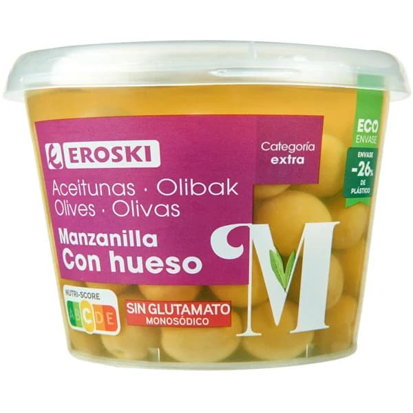 Aceitunas sabor manzanilla EROSKI, tarrina 300 g - 0.3 kg - Imagen del producto en Findit