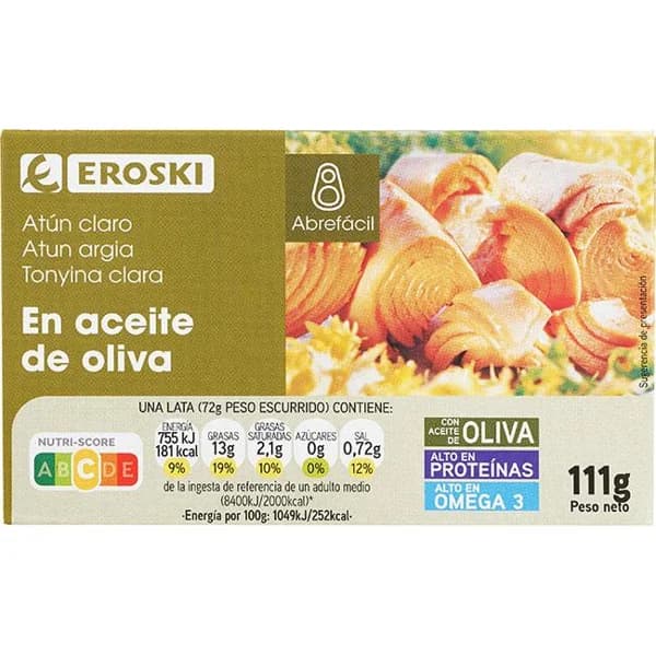 Atún claro en aceite de oliva EROSKI, lata 111 g - 0.11 kg - Imagen del producto en Findit