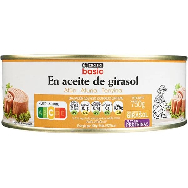 Atún en aceite girasol EROSKI BASIC, lata 750 g - 1 ud - Imagen del producto en Findit