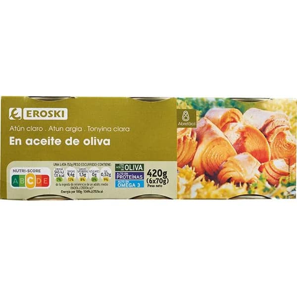Atún claro en aceite de oliva EROSKI, pack 6x70 g - 0.42 kg - Imagen del producto en Findit