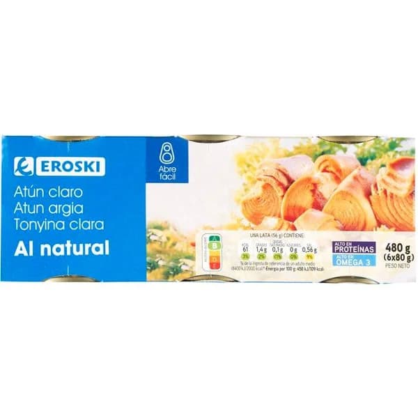 Atún claro al natural EROSKI, pack 6x56 g - 0.34 kg - Imagen del producto en Findit