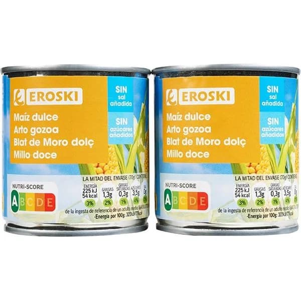 Maíz sin sal-sin azúcar añadido EROSKI, pack 2x140 g - 0.28 kg - Imagen del producto en Findit