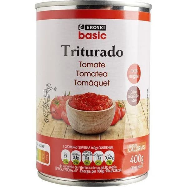 Tomate triturado EROSKI BASIC, lata 400 g - 0.4 kg - Imagen del producto en Findit