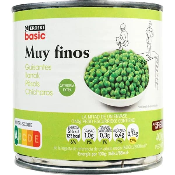 Guisante muy fino EROSKI BASIC, lata 280 g - 0.28 kg - Imagen del producto en Findit