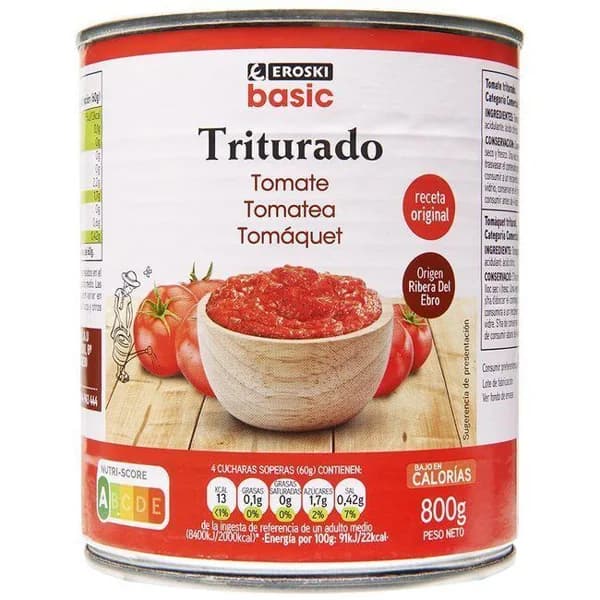 Tomate triturado EROSKI basic, lata 800 g - 0.8 kg - Imagen del producto en Findit