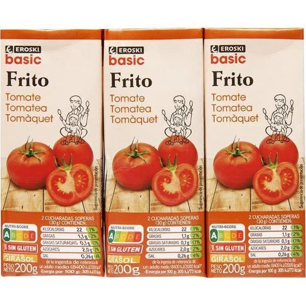 Tomate frito EROSKI BASIC, pack 3x200 g - 0.6 kg - Imagen del producto en Findit