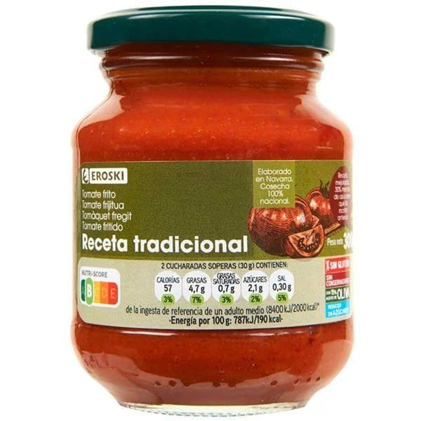 Tomate frito c/ aceite oliva tradicional EROSKI, frasco 300 g - 0.3 kg - Imagen del producto en Findit