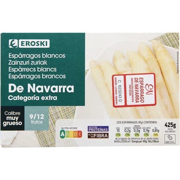 Espárrago extra muy grueso I.G.P. 9/12 piezas EROSKI, lata 425 g - 0.42 kg - Imagen del producto en Findit