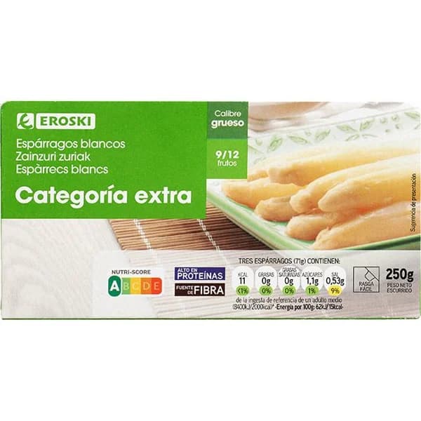 Espárrago blanco grueso 9/12 piezas EROSKI, lata 250 g - 0.25 kg - Imagen del producto en Findit