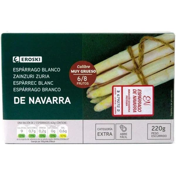 Espárrago extra IGP Navarra 6/8 piezas EROSKI, lata 220 g - 0.22 kg - Imagen del producto en Findit