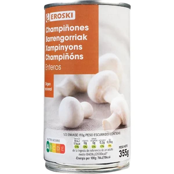 Champiñon entero extra EROSKI, lata 185 g - 0.18 kg - Imagen del producto en Findit