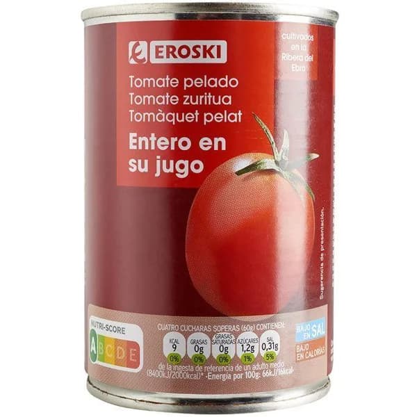 Tomate natural entero pelado EROSKI, lata 390 g - 0.39 kg - Imagen del producto en Findit