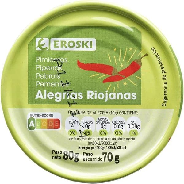 Alegría riojana EROSKI, lata 70 g - 0.07 kg - Imagen del producto en Findit
