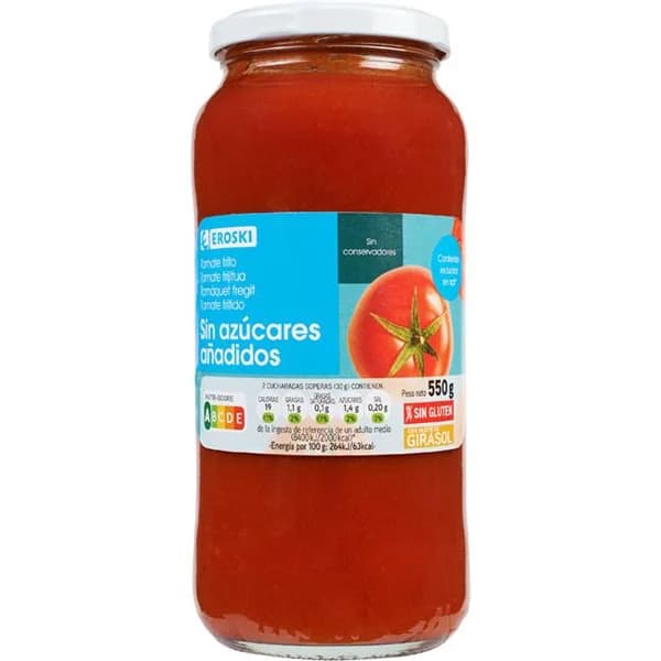 Tomate frito sin sal y sin azúcar EROSKI, frasco 550 g - 0.55 kg - Imagen del producto en Findit