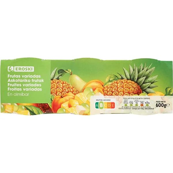 Frutas variadas en almíbar EROSKI, pack 3x115 g - 0.35 kg - Imagen del producto en Findit