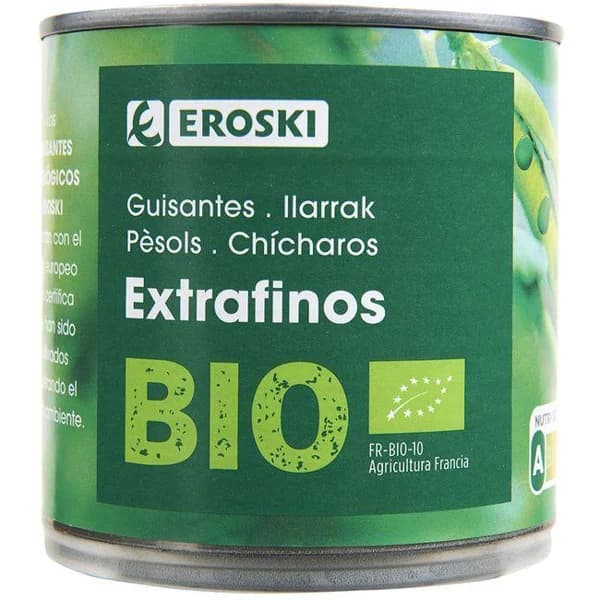 Guisante extrafino EROSKI BIO, lata 280 g - 0.28 kg - Imagen del producto en Findit