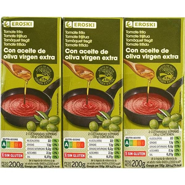 Tomate frito con a. de oliva virgen extra EROSKI, pack 3x200 g - 0.6 kg - Imagen del producto en Findit