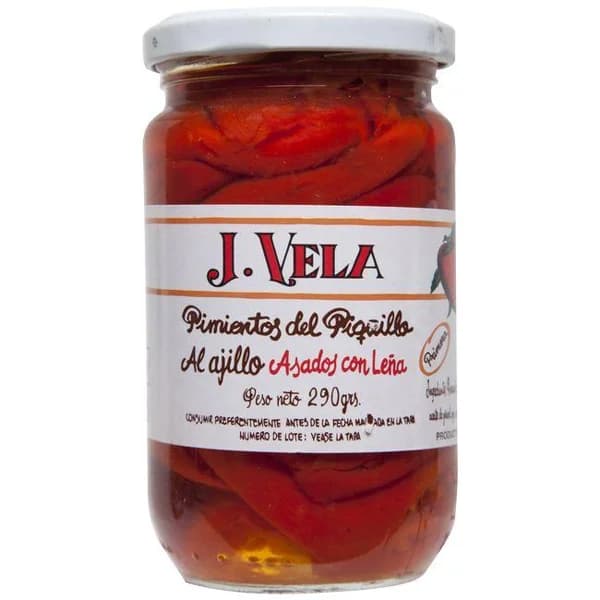 Pimiento de piquillo al ajillo J. VELA, frasco 250 g - 0.25 kg - Imagen del producto en Findit