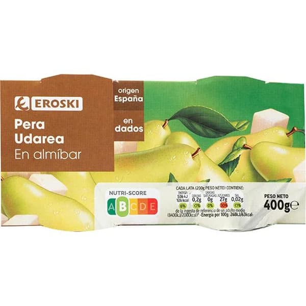 Pera en dados en almíbar EROSKI, pack 2x115 g - 0.23 kg - Imagen del producto en Findit
