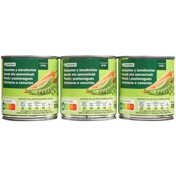 Guisante y zanahoria EROSKI, pack 3x130 g - 0.39 kg - Imagen del producto en Findit