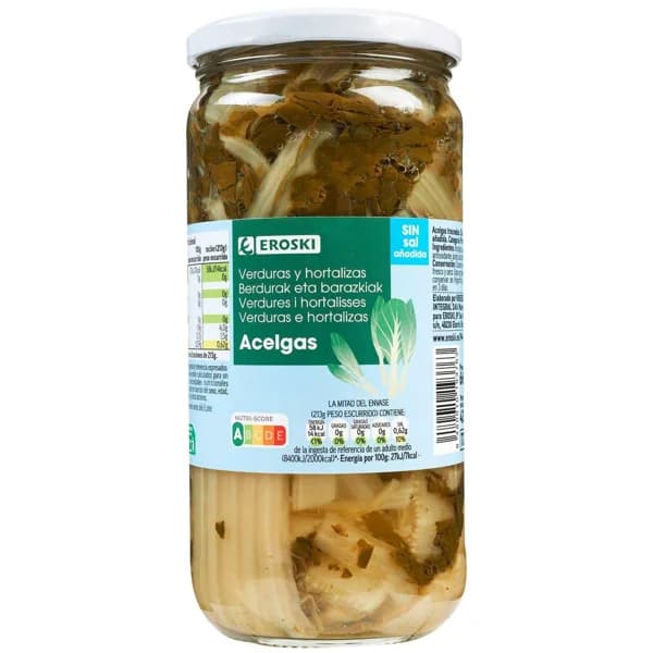 Acelgas bajas en sal EROSKI, frasco 425 g - 0.42 kg - Imagen del producto en Findit