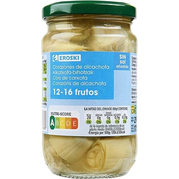 Corazones de alcachofa sin sal EROSKI, frasco 175 g - 0.18 kg - Imagen del producto en Findit