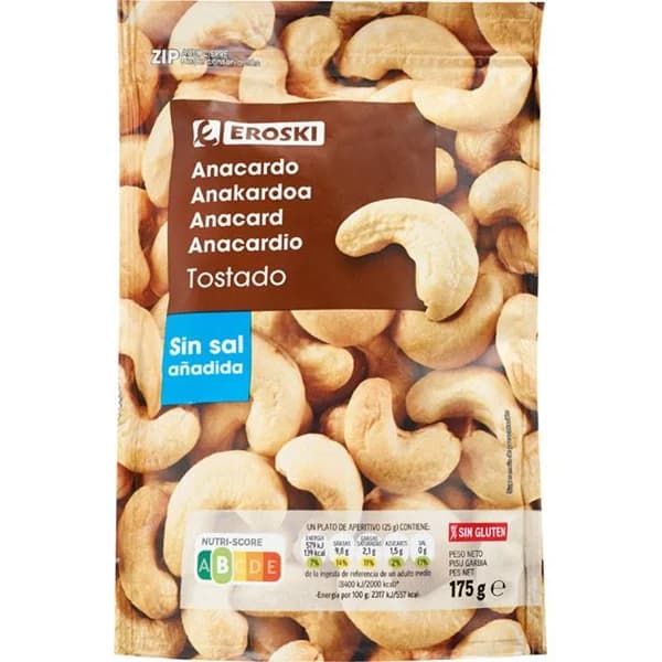 Anacardos tostados sin sal EROSKI, bolsa 175 g - 0.18 kg - Imagen del producto en Findit