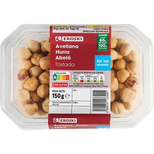 Avellanas tostadas EROSKI, tarrina 150 g - 0.15 kg - Imagen del producto en Findit