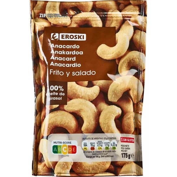 Anacardos fritos EROSKI, bolsa 175 g - 0.18 kg - Imagen del producto en Findit