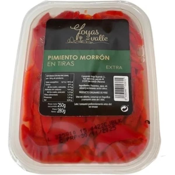 Pimiento morrón extra en tiras JOYAS DEL VALLE, tarrina 250 g - 0.25 kg - Imagen del producto en Findit