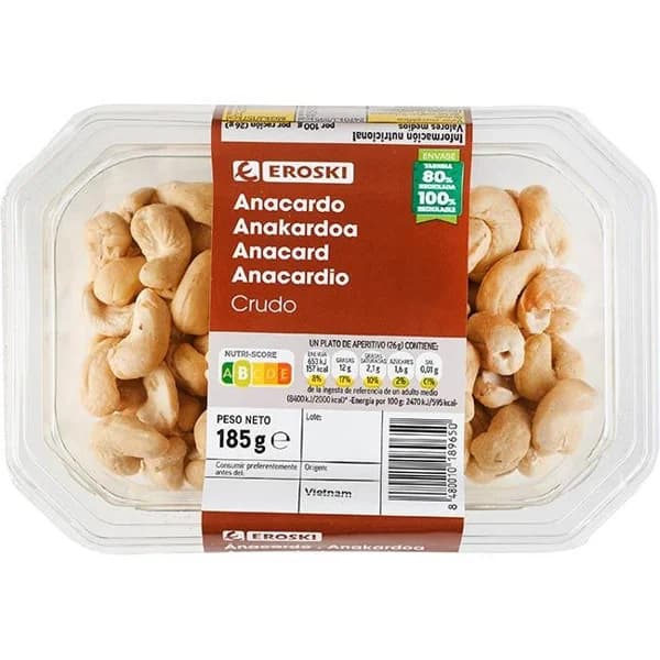Anacardo crudo EROSKI, tarrina 185 g - 0.18 kg - Imagen del producto en Findit