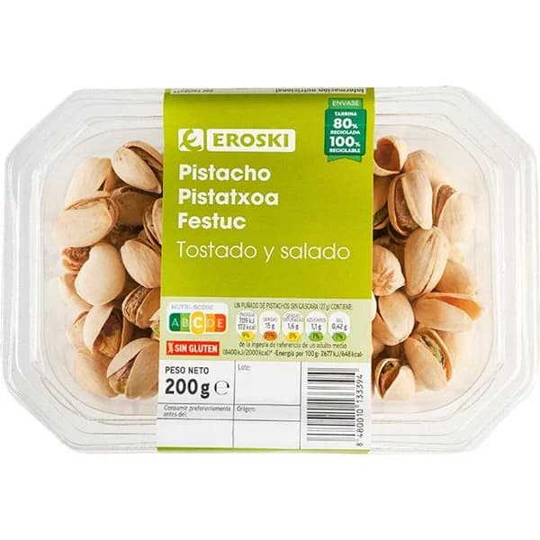 Pistachos tostados EROSKI, tarrina 200 g - 0.2 kg - Imagen del producto en Findit