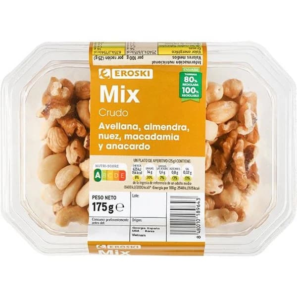 Mix de frutos secos crudos EROSKI, tarrina 175 g - 0.18 kg - Imagen del producto en Findit