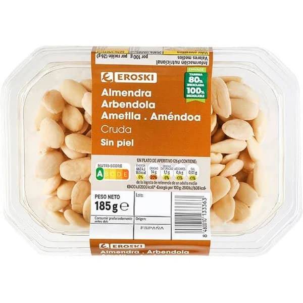 Almendras crudas repeladas EROSKI, tarrina 185 g - 0.18 kg - Imagen del producto en Findit