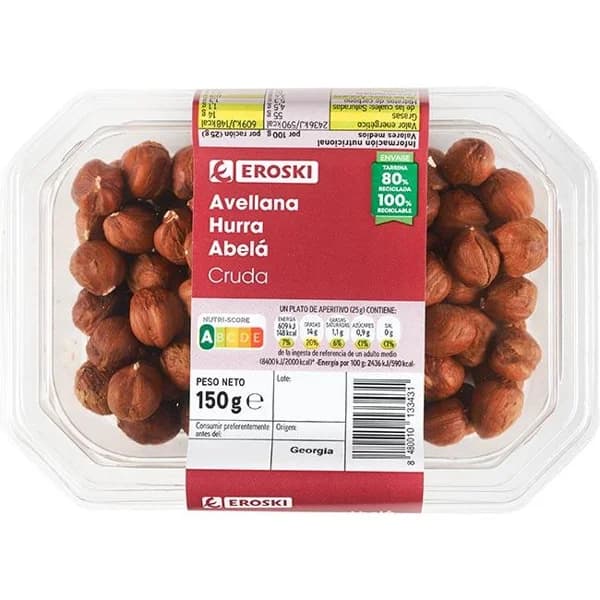 Avellanas crudas EROSKI, tarrina 150 g - 0.15 kg - Imagen del producto en Findit
