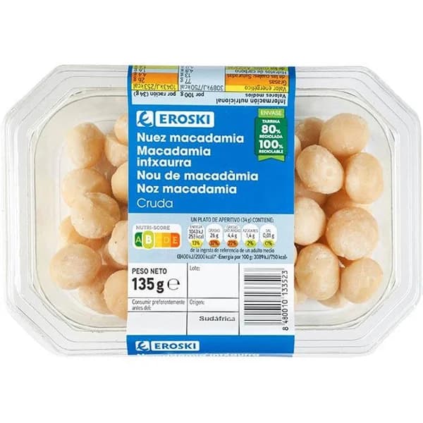 Nuez de macadamia EROSKI, tarrina 135 g - 0.14 kg - Imagen del producto en Findit