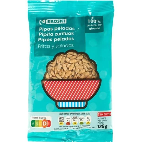 Pipas de girasol peladas fritas EROSKI, bolsa 125 g - 0.12 kg - Imagen del producto en Findit