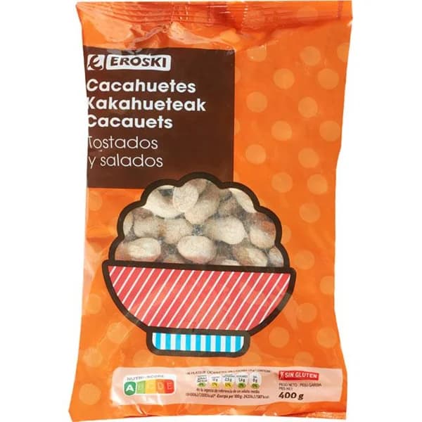 Cacahuetes con cáscara tostados con sal EROSKI, bolsa 400 g - 0.4 kg - Imagen del producto en Findit