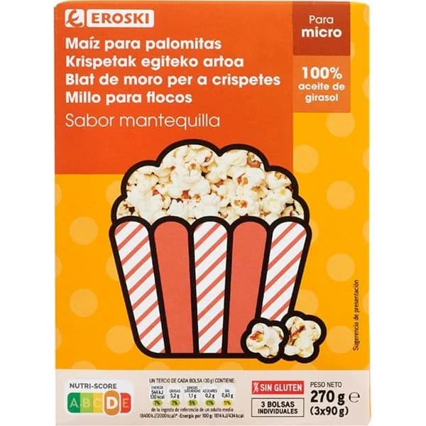 Palomitas para microondas sabor mantequilla EROSKI, pack 3x90 g - 0.27 kg - Imagen del producto en Findit