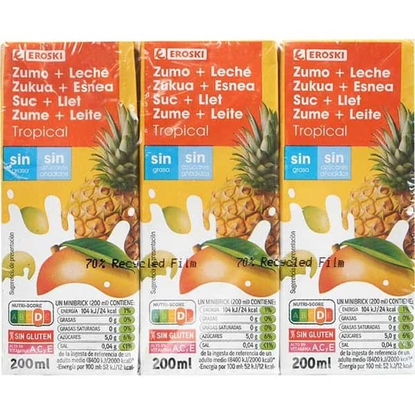 Lactozumo tropical EROSKI, pack 6x200 ml - 1.2 l - Imagen del producto en Findit