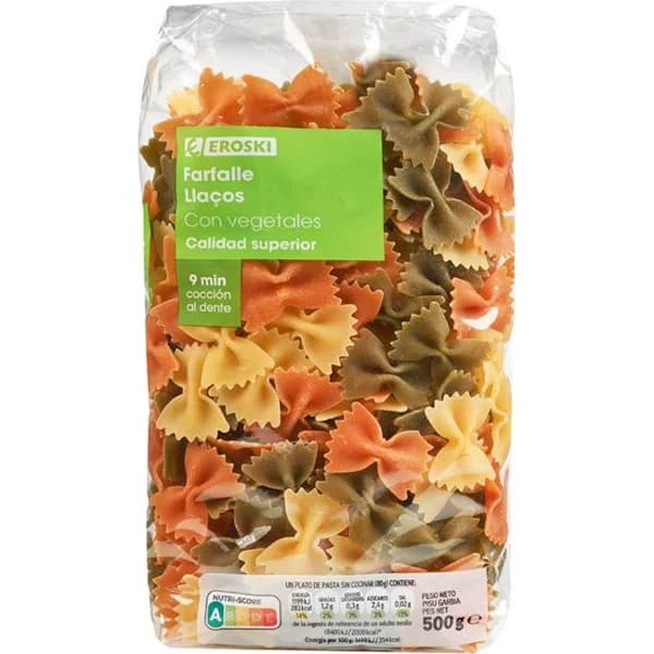 Farfalle con vegetales EROSKI, paquete 500 g - 0.5 kg - Imagen del producto en Findit