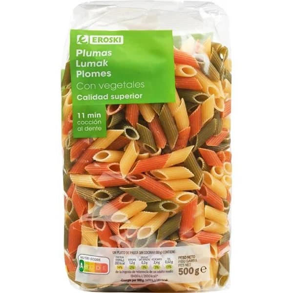 Plumas con vegetales EROSKI, paquete 500 g - 0.5 kg - Imagen del producto en Findit