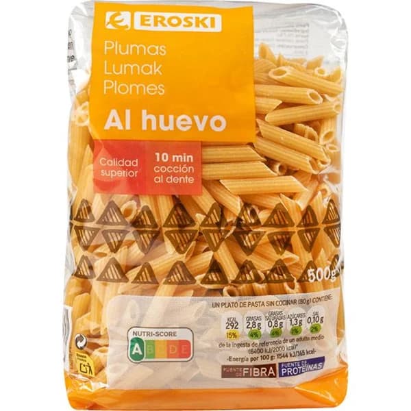 Plumas rayadas al huevo EROSKI, paquete 500 g - 0.5 kg - Imagen del producto en Findit