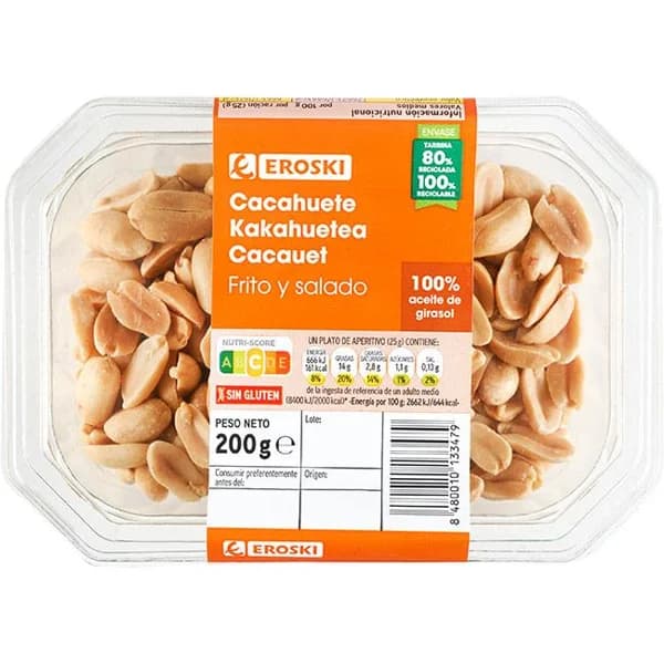 Cacahuetes fritos EROSKI, tarrina 200 g - 0.2 kg - Imagen del producto en Findit
