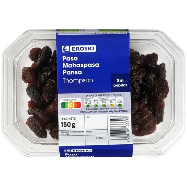 Pasas Thompon sin semilla EROSKI, tarrina 150 g - 0.15 kg - Imagen del producto en Findit
