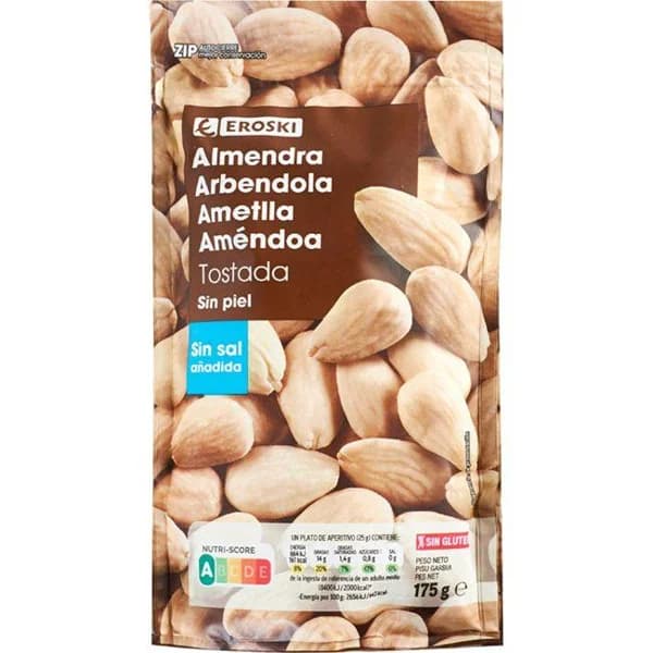 Almendra repelada sin sal EROSKI, bolsa 175 g - 0.18 kg - Imagen del producto en Findit