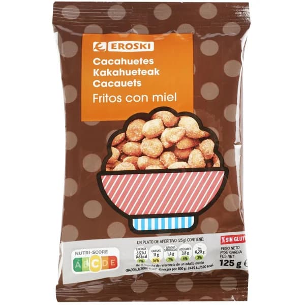 Cacahuetes fritos con miel EROSKI, bolsa 125 g - 0.12 kg - Imagen del producto en Findit